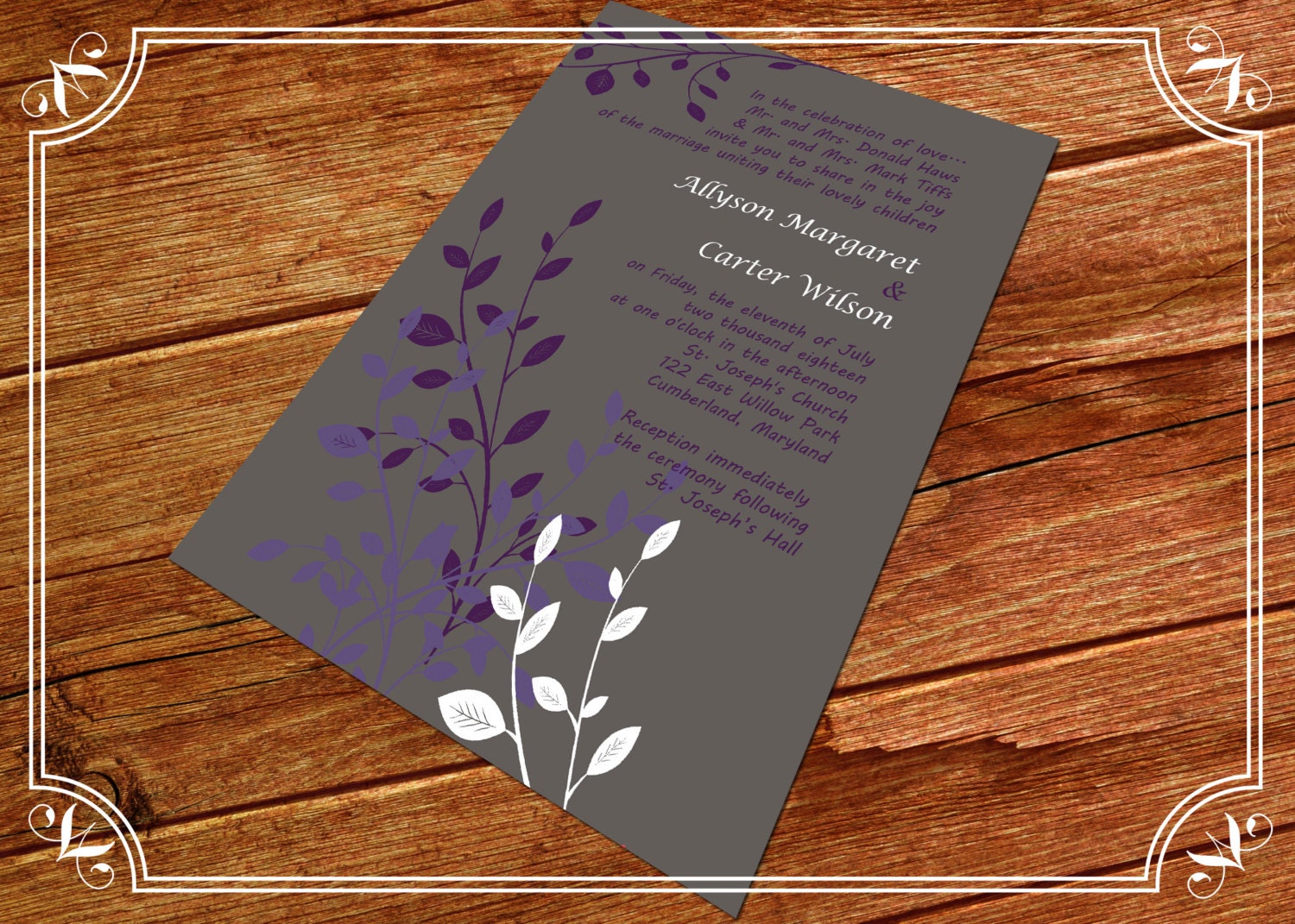 Gray, Purple and White Spring Wedding Invitation DEPOSIT
