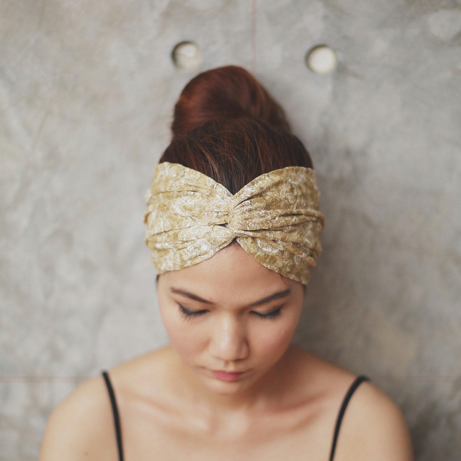 1st Anniversary 20-40%OFF - Golden Daffodils - Hippie Turban Twist Headband// Floral golden mustard lace// Inspired in Spring collection