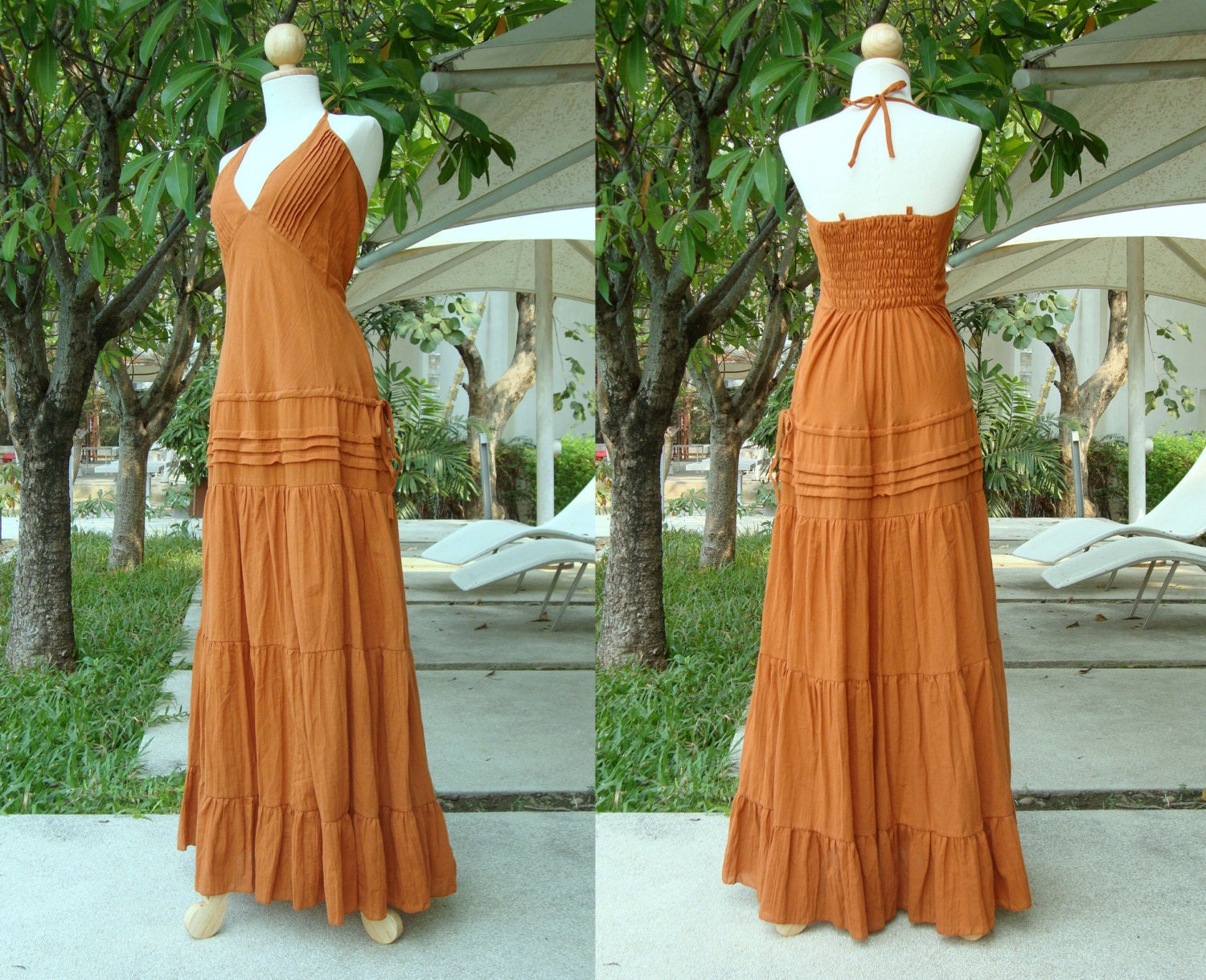 Maxi Dress Long Summer Halter V neck dress in Pumpkin Orange for Women - ''Blossom Daisy''