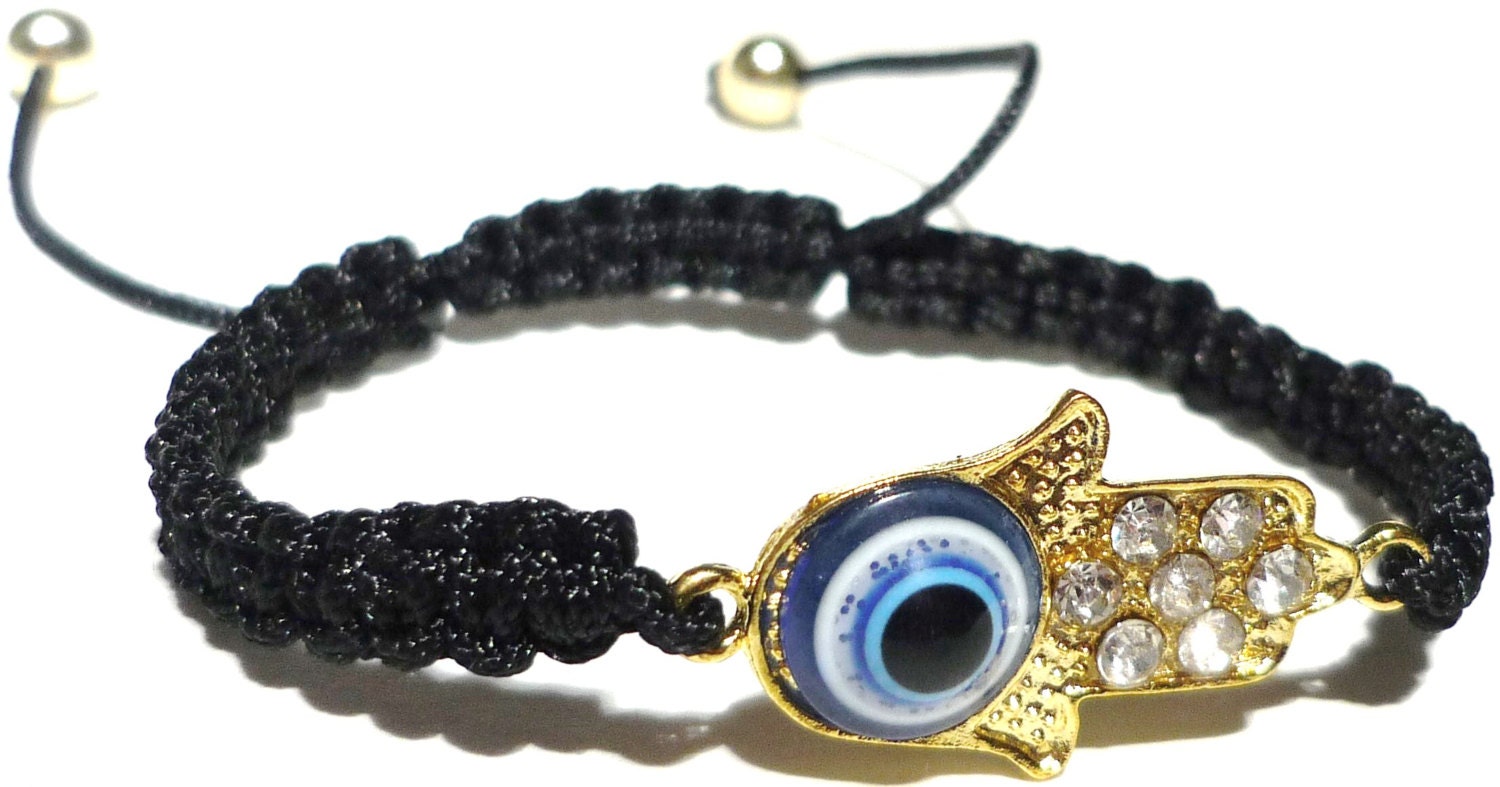 Hamsa Black  Bracelet -  Hand of Fatima Bracelet -  Handmade Macrame Bracelet - Gold Tone Hand of Fatima with Protective Eye Center