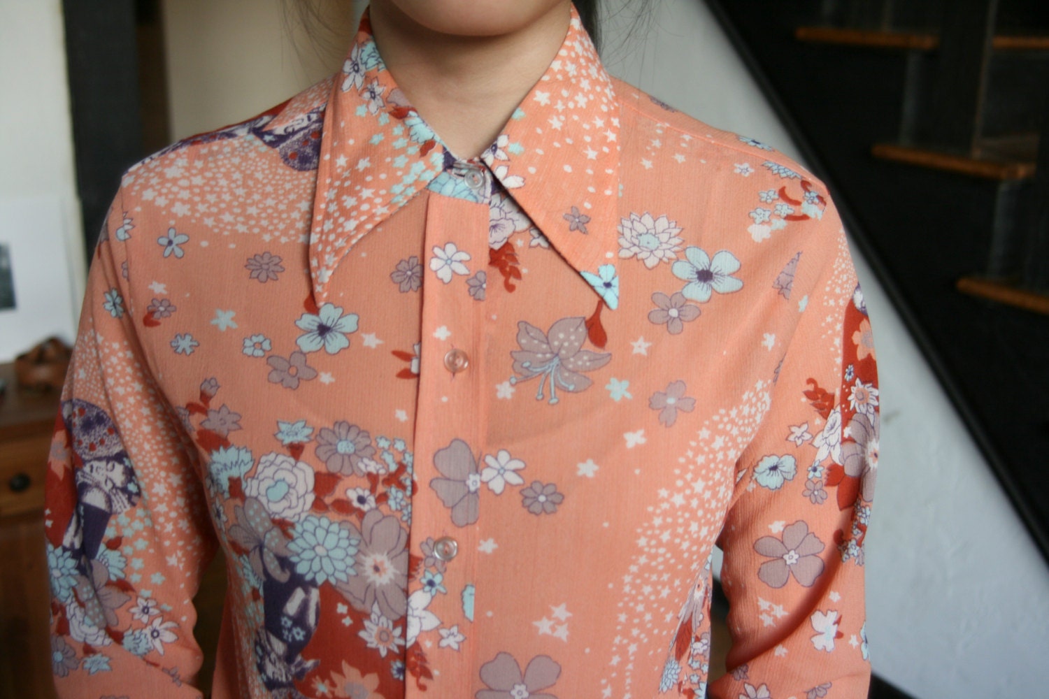 60s/70s vintage long sleeved floral print coral blouse - hints of peter max and gustav klimt