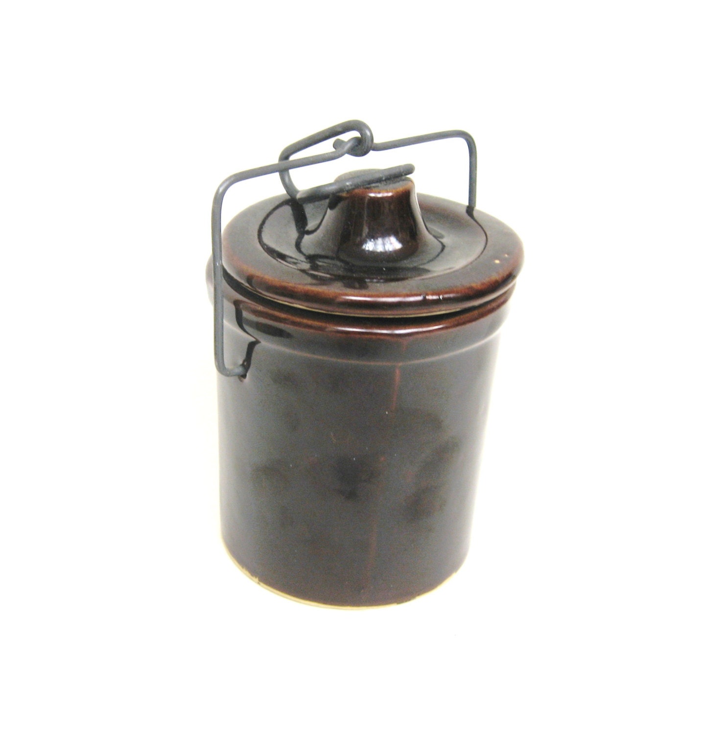 Vintage Brown Ceramic Cheese Crock Canister with Locking Lid