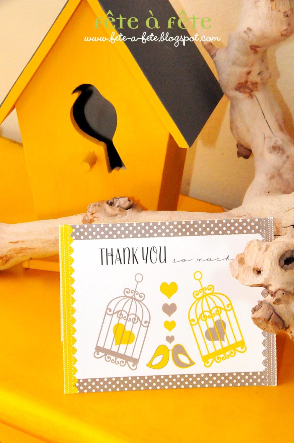 Love "Nesting Birds" Yellow & Grey PRINTABLE Thank You Card (4"x5", 10x13cm)