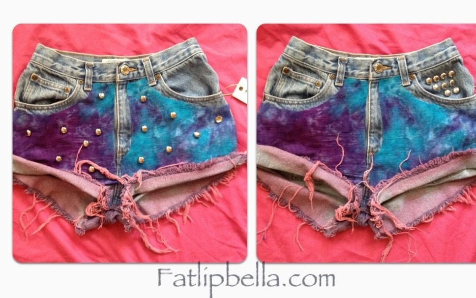 Galaxy summer night sky shorts with pink fray. Vintage high waist or low rise