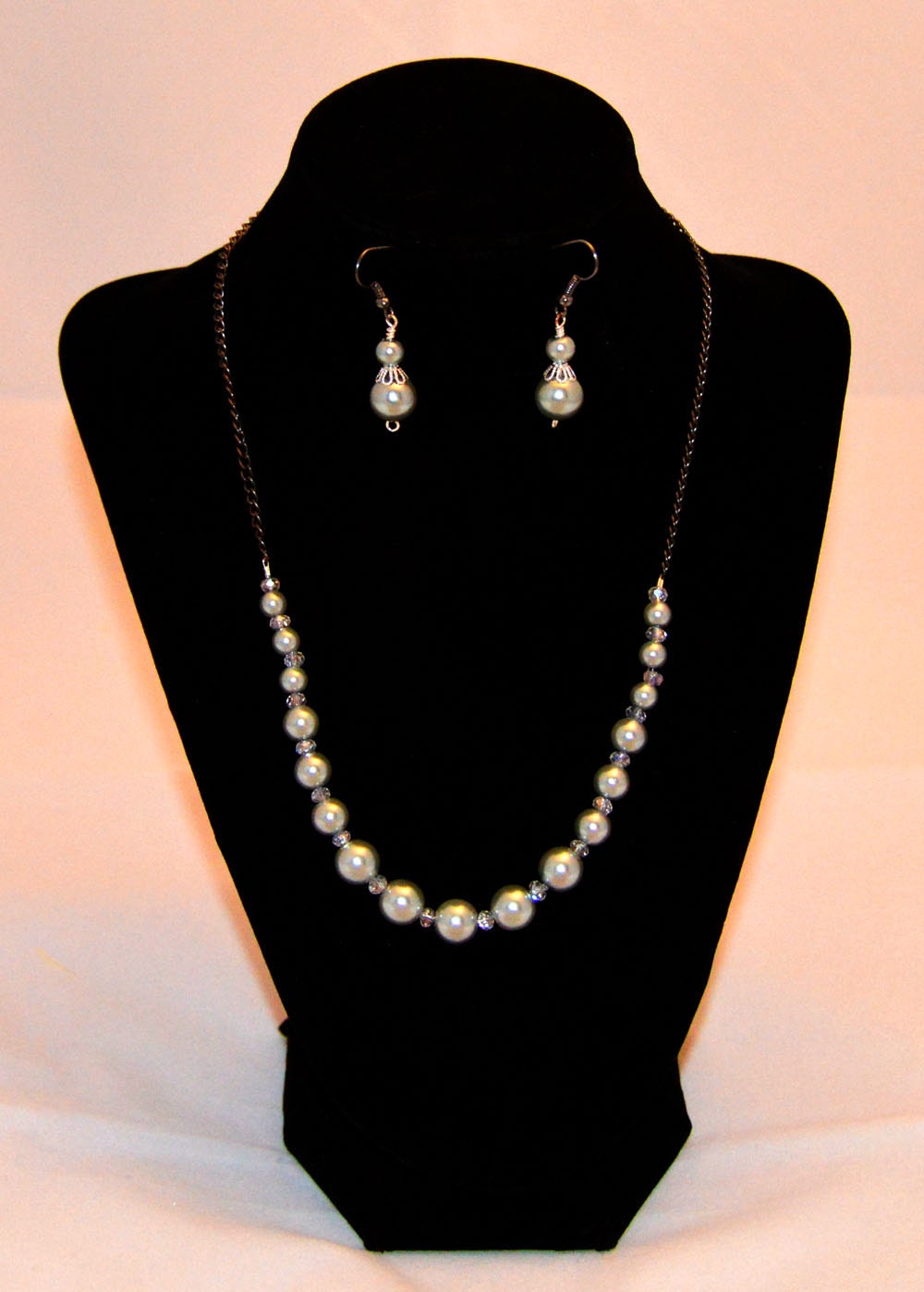 Bridal Light Grey Pearl Necklace Drop Earring Set, 18" Bridesmaid Gift, Wedding Jewelry