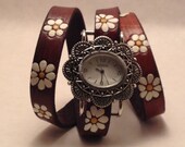Leather Daisy Wrap Watch - Hippie - Embossed White Daisies