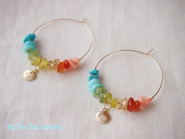 Rainbow gem stone & shell hoop earrings- 14k gold filled