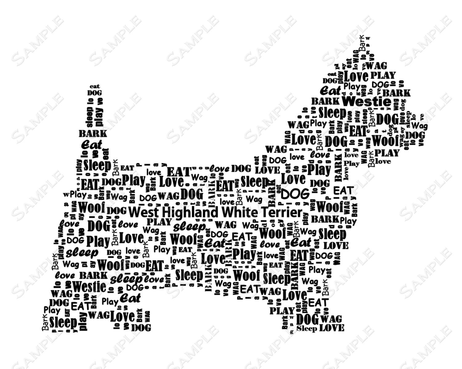 Westie West Higland White Terrier Word Art Calligram Dog Print