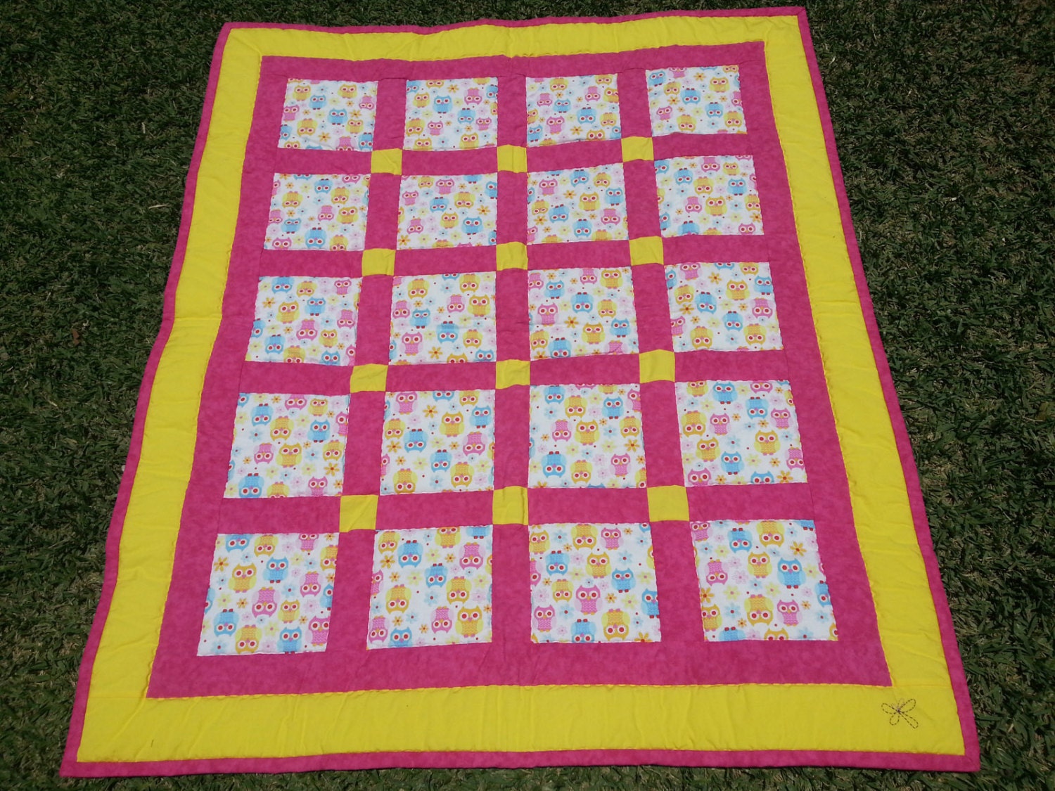Baby Quilt - Little Owls - Yellow and Pink