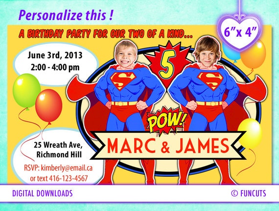 Superman Party Invitation 4" x 6" - Birthday invitation or any party occassion. Great for Twins. Superheroes. Digital download.