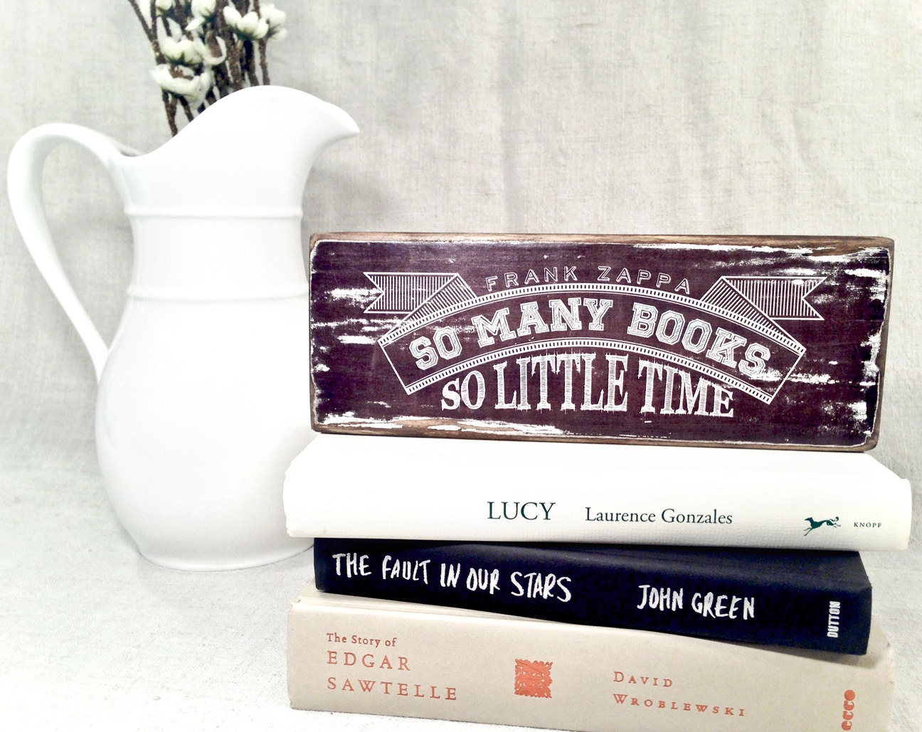So many books so little time - Frank Zappa quote chalkboard typography art on salvaged wood