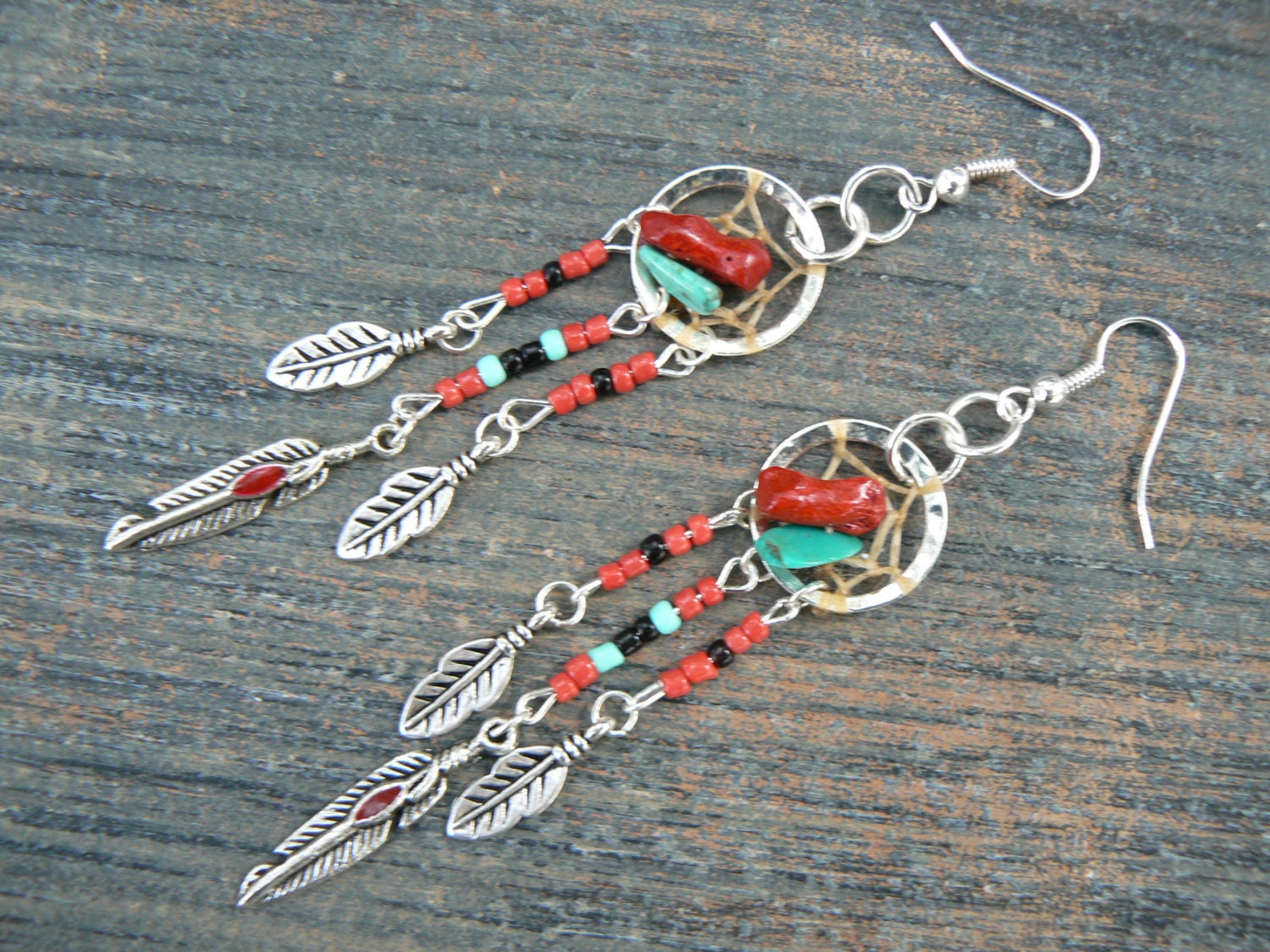red coral and turquoise dreamcatcher earrings turquoise RED in native american tribal boho hippie belly dancer and hipster style