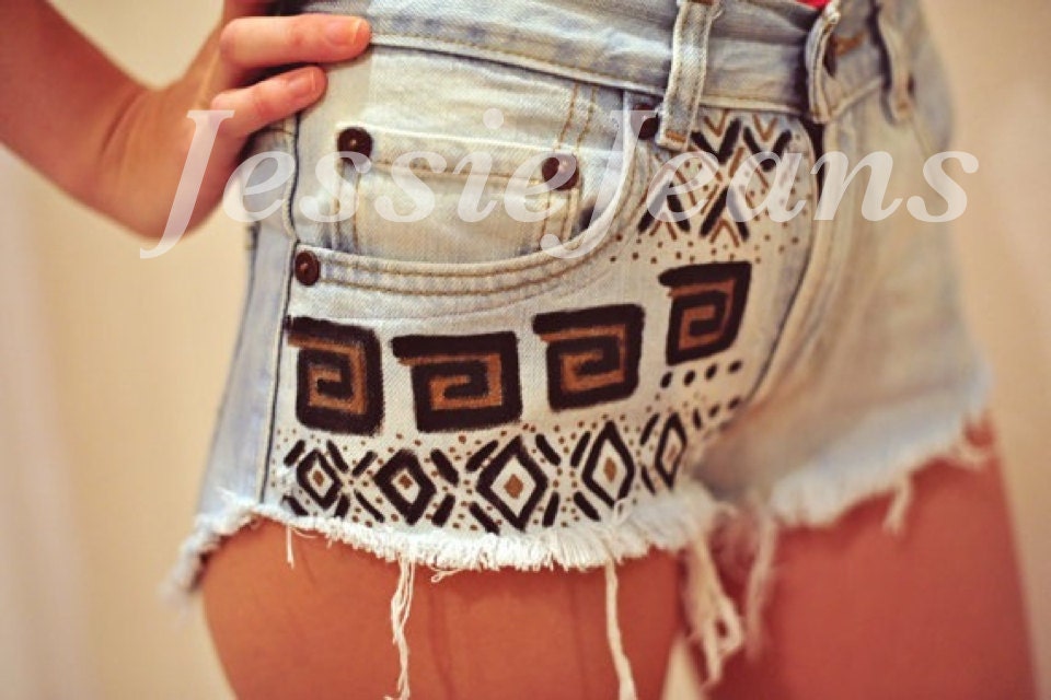 Custom tribal gold and black high waisted denim shorts