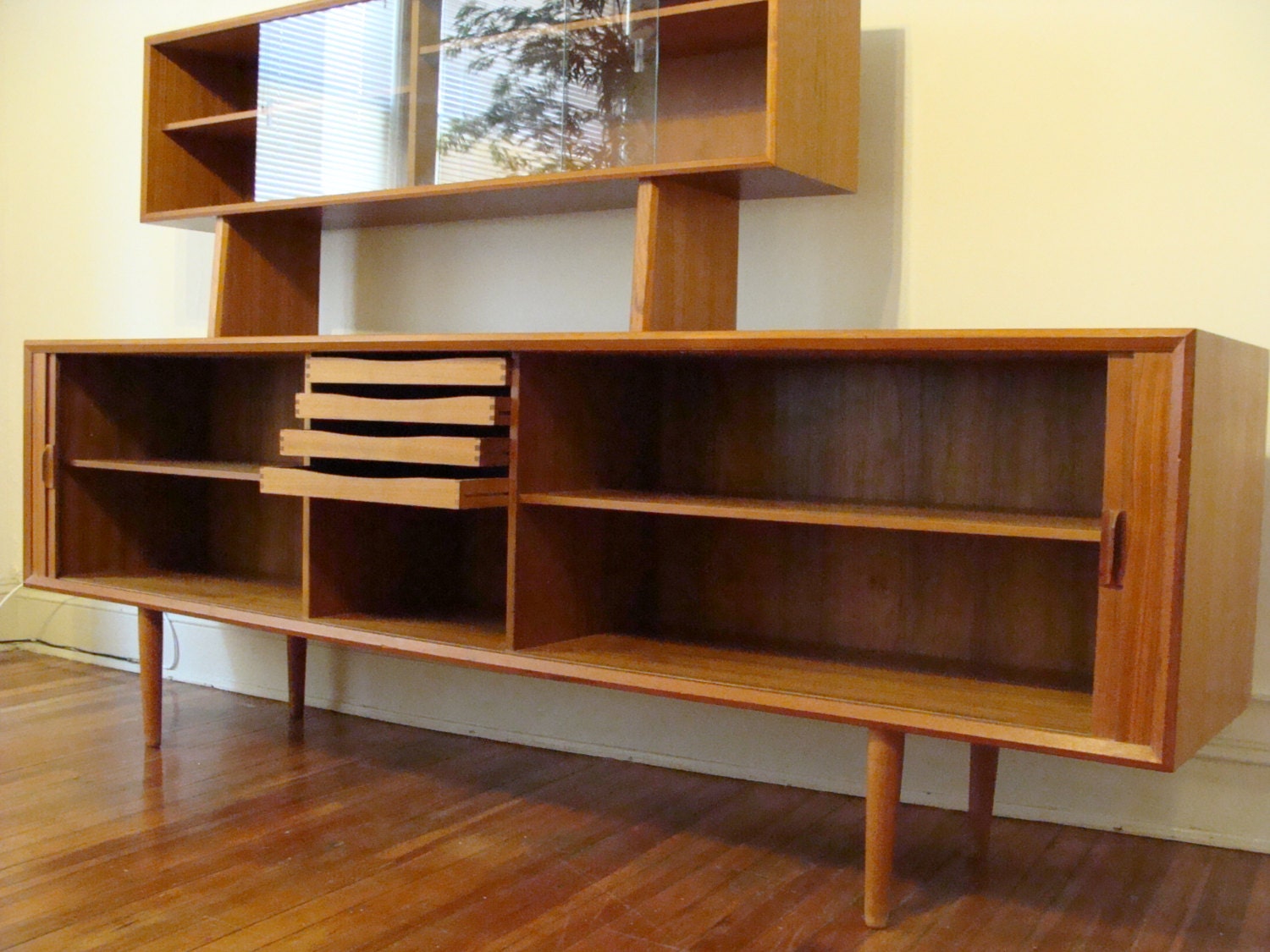 Giant  90" Danish Teak Floating Dining Hutch 1960's Credenza with Top Hutch 7 1/2FT Made In Denmark Double Sided Room Divider