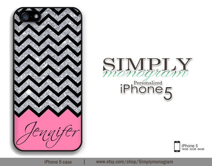 iphone 5 case - plastic or silicone rubber - pink and glittery chevron monogram ( NOT ACTUAL GLITTER )