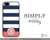 Personalized iphone 5 case - plastic or silicone rubber - navy and coral striped monogram
