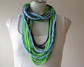 Braided Infinity Jersey String Scarf, Dark Purple, Lime Green and light blue and lilac braid