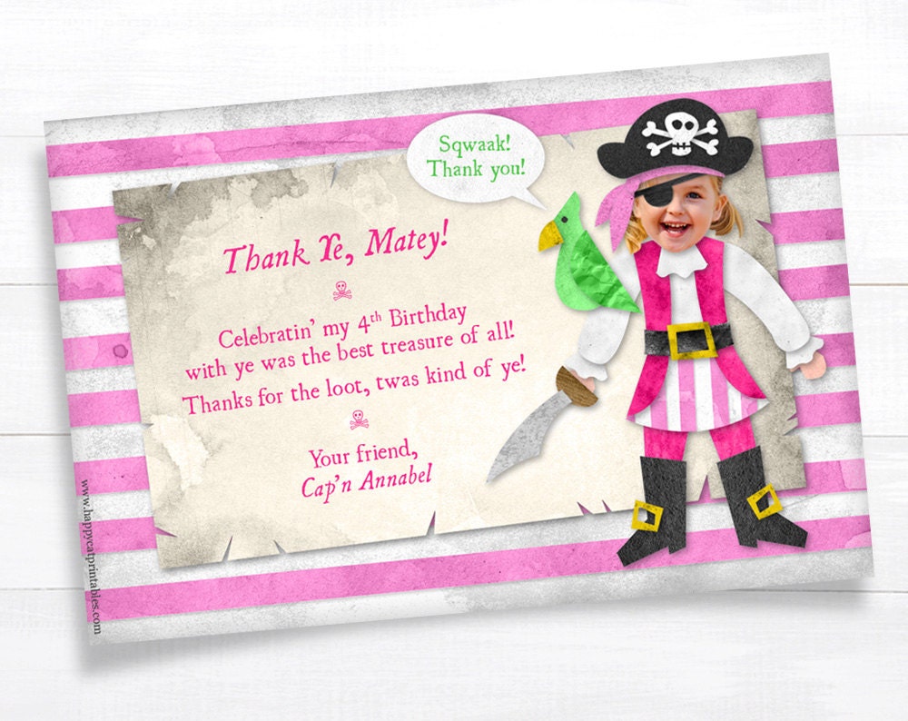 Girl Pirate THANK YOU Card Note Kid Personalized Birthday Printable Photo Picture Party Children DIY Print Digital File Funny Cool Cute