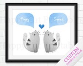 Cat COUPLE Wall Art Printable Personalized Wall Decoration Name Animal Anniversary Gift Blue Gray Print Custom Home Decor Love Heart 8x10