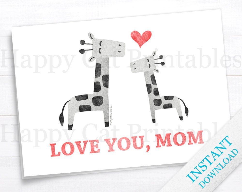 Mothers Day Card Gift for Mom Love You Printable Card Heart Giraffe Red Gray Greeting Card DIY Digital Blank Cute INSTANT DOWNLOAD