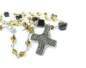 Always with You Rosary Style Necklace, Unisex, handmade of glass & ceramic beads with metal cross