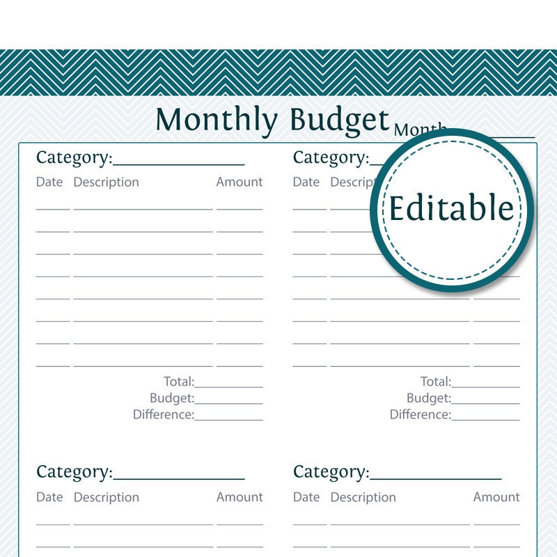 Monthly Budget - Editable - Instant Download - Printable PDF