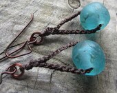 Eco Friendly Upcycled  Teal Earrings - Crochet Artisan Jewelry - Recycled Glass Dangle Earrings -  Eco Friendly Jewelry for HER - GroundedJewelry