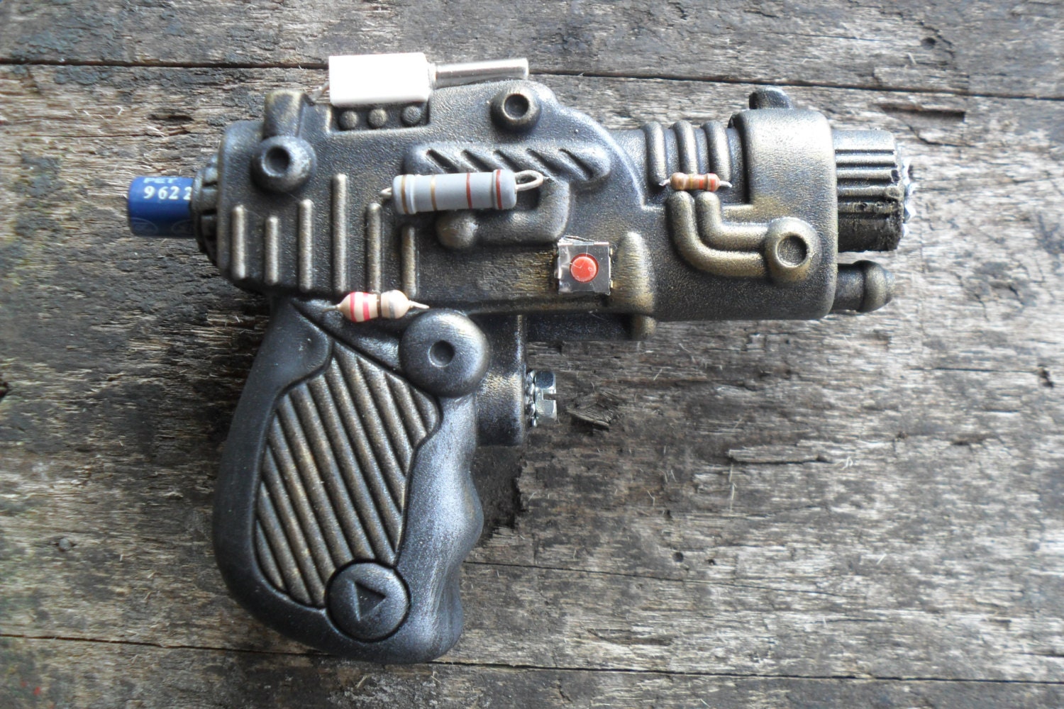Small Steampunk Gun Bronze & Silver Metallic with Old Computer Parts, 4.2",  Cosplay, Ray Gun, Halloween Costume, LARP