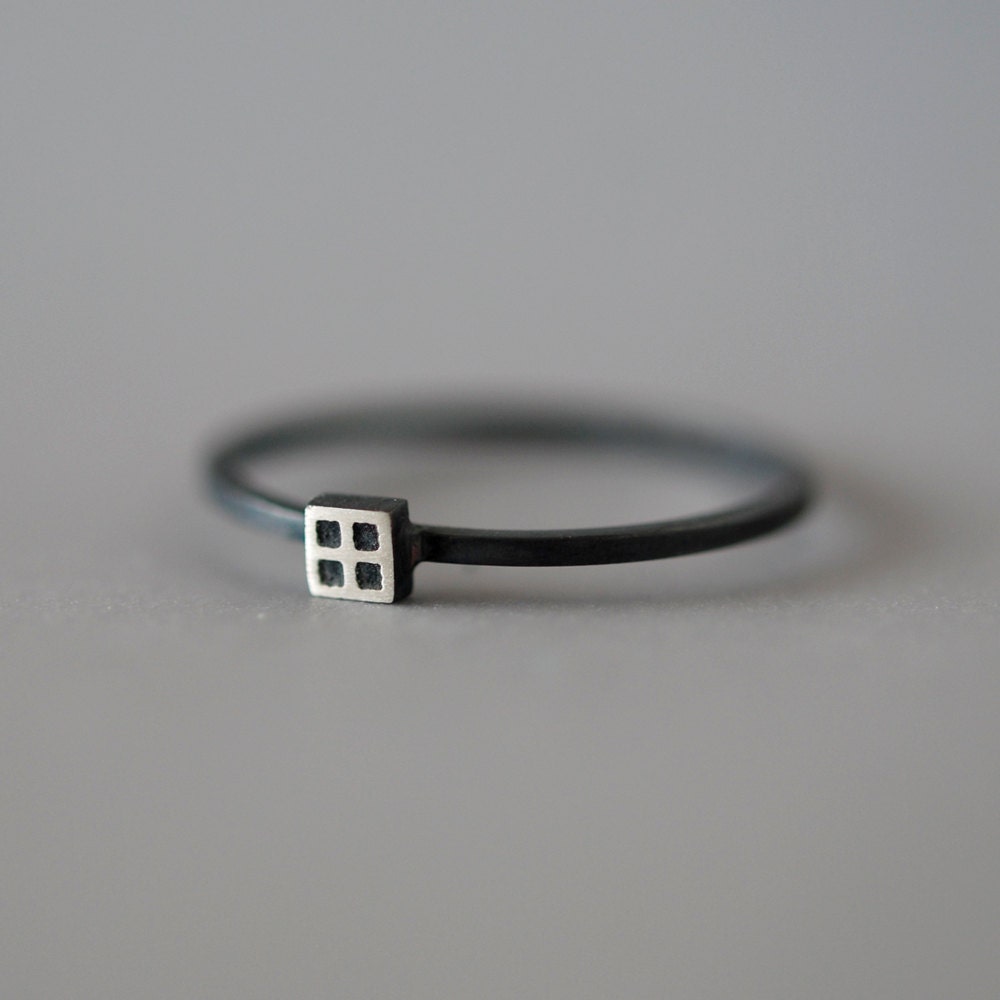 Tiny, minimalistic contemporary silver ring. Square with etched grid. Unique design. Handmade. Ready to ship.