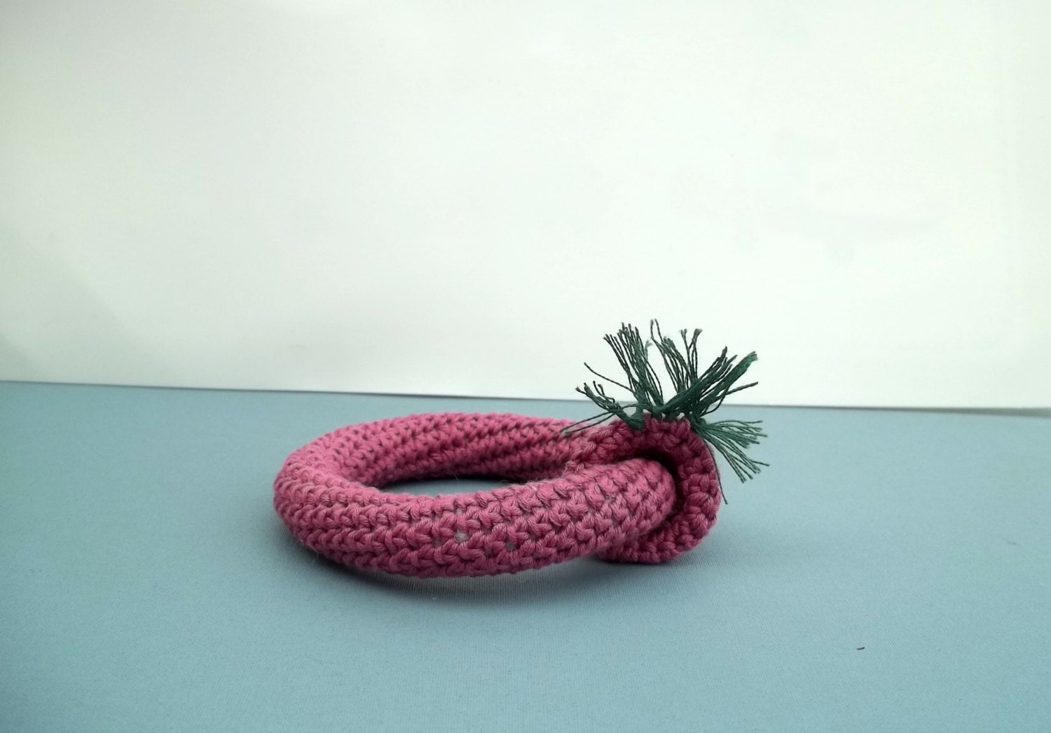 Playful jewelry - bangle bracelet - crochet in thulian pink rose and green - modern wearable art