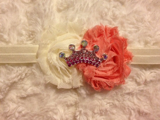 Ivory and Coral Flower Bow Princess Headband with Fancy Pink Rhinestone Tiara Crown Center for Newborn, Infant, Baby Girl, Toddler, Teen