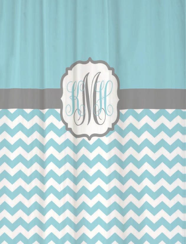 Shower Curtain - Light Blue Half Chevron with Gray Accents - 69x70" - Monogram Personalized Custom for your Bathroom