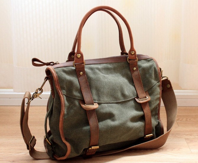 Army-green Canvas-Leather Tote/ Shopping bag / Shoulder Bag/ Woman bag/ Leather Satchel/ Canvas bag - KilikiliOrigional