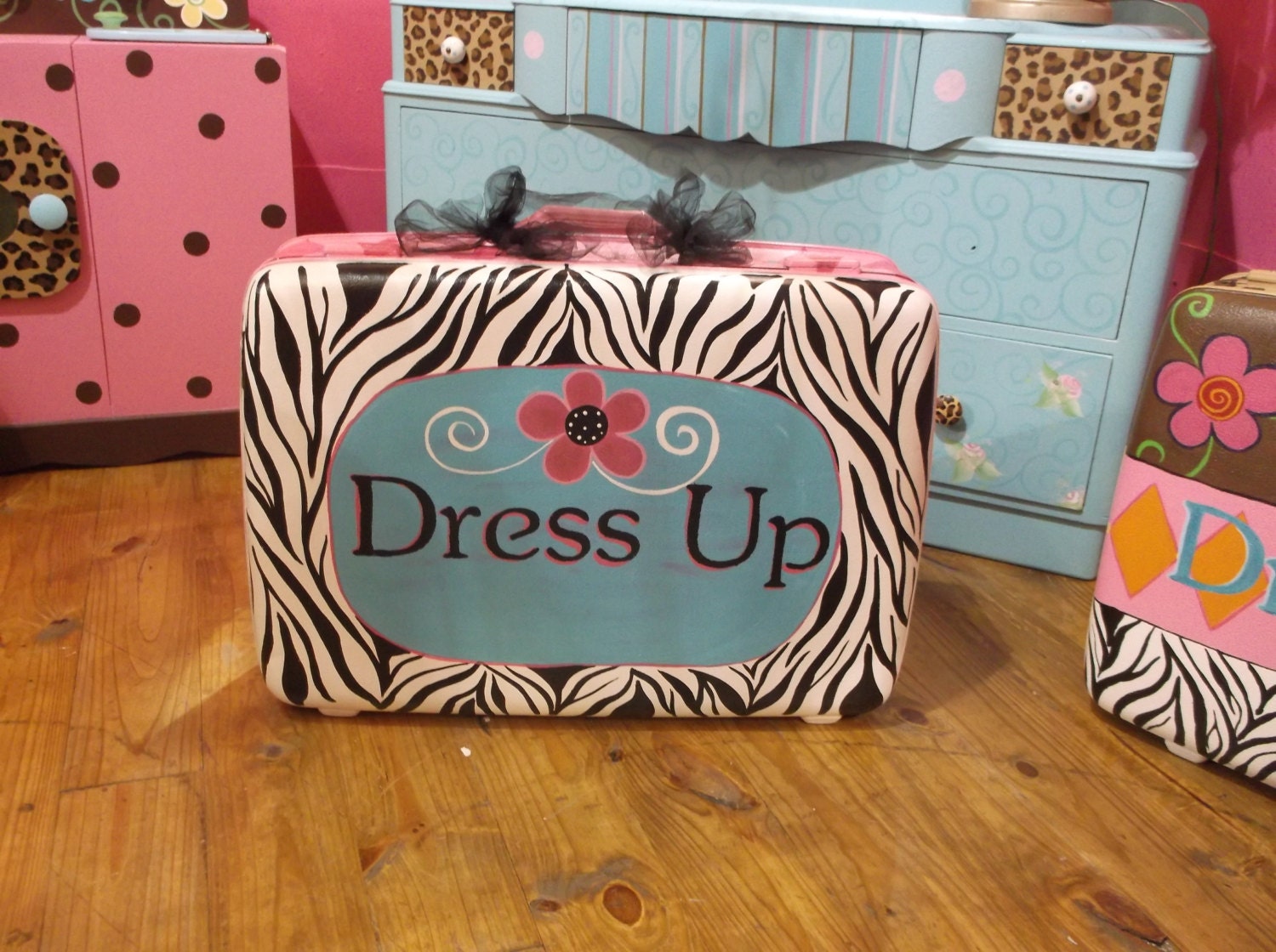 Dressup Suitcase(C)  painted roses zebra Turquoise dress up