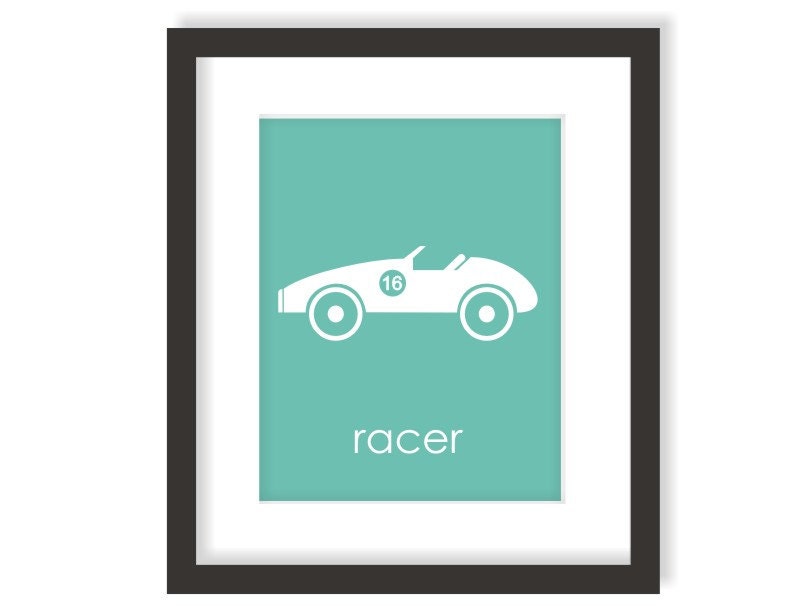 Vintage Racer Car Nursery Art Print in Aqua Blue, Personalized Custom Modern Nursery Decor, Transportation Nursery - 8x10 Print