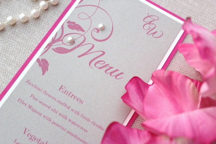 Wedding Menu Card Shabby Chic Fuschia Hot Pink Cream Metallic Champagne