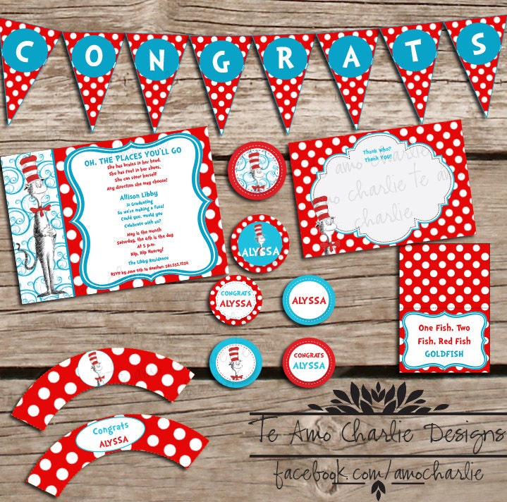 Printable Dr Seuss Cat in the Hat Graduation Package - Dr Seuss Birthday Party Package - Cat in the Hat Party Package