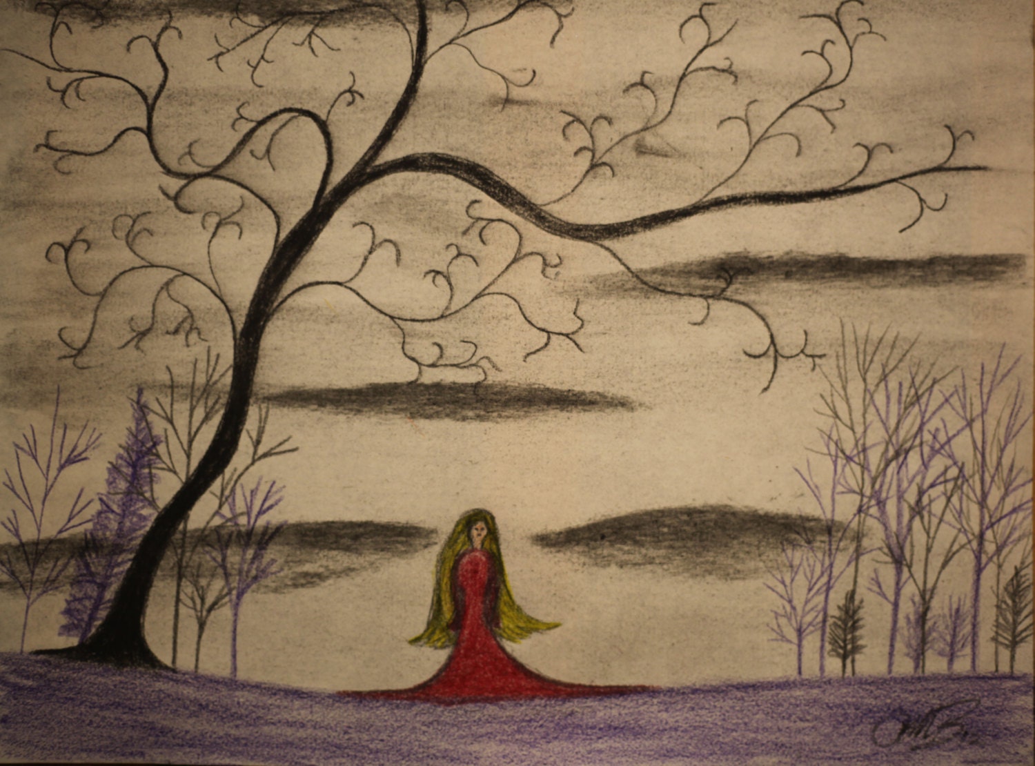 Original Art Charcoal Drawing A Woman In Red Stands In A Field - Signed (FREE GIFT)