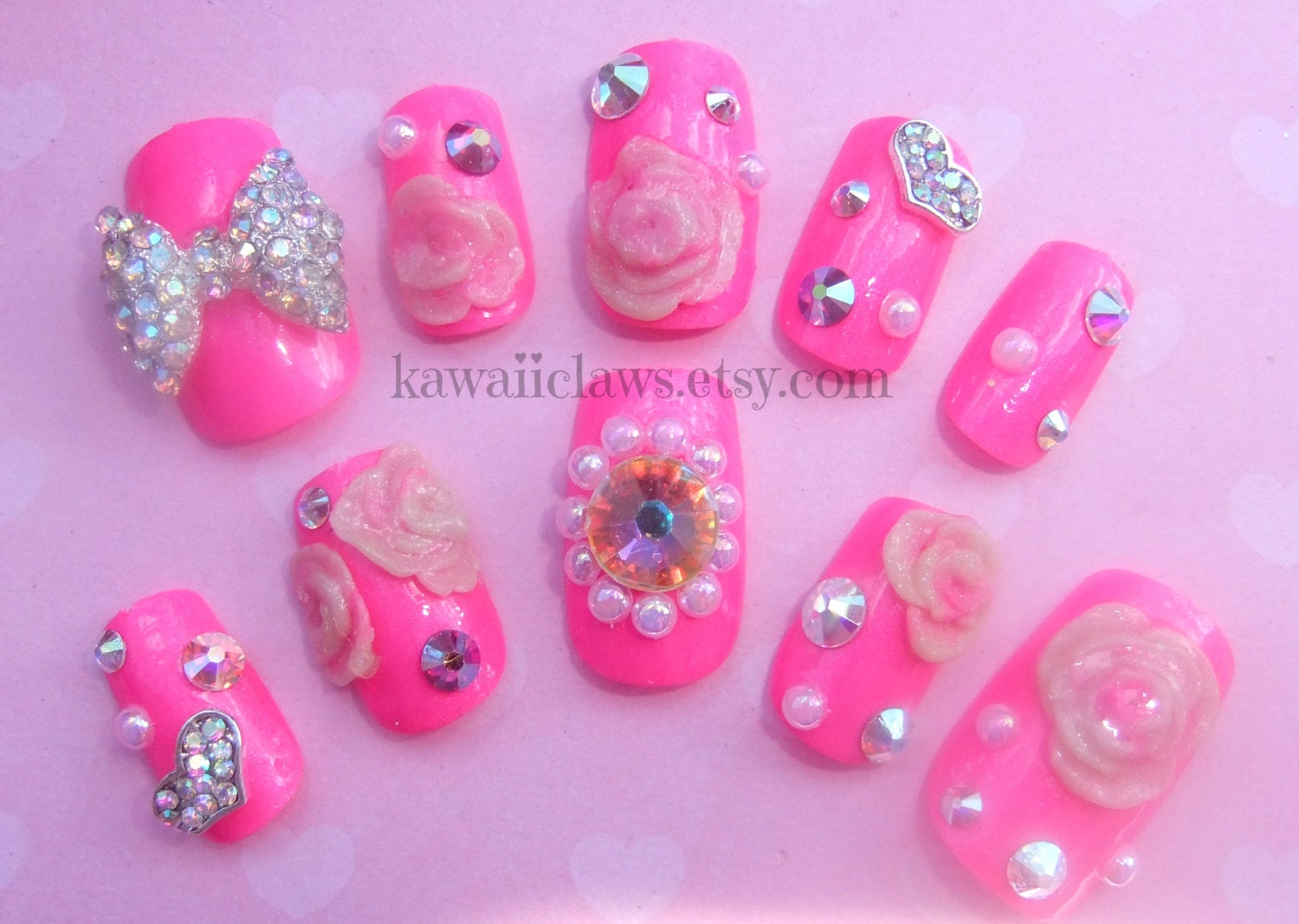 Hot Pink Swarovski Princess false/fake 3D nails with acrylic roses and pearls Valentines Day