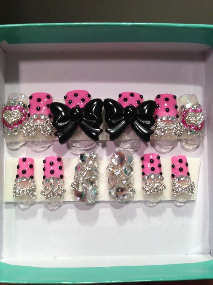 Super Kawaii Deluxe Rhinestone Bling glitter Nails with bows Japanese Lolita gyaru full false/fake 3D nails