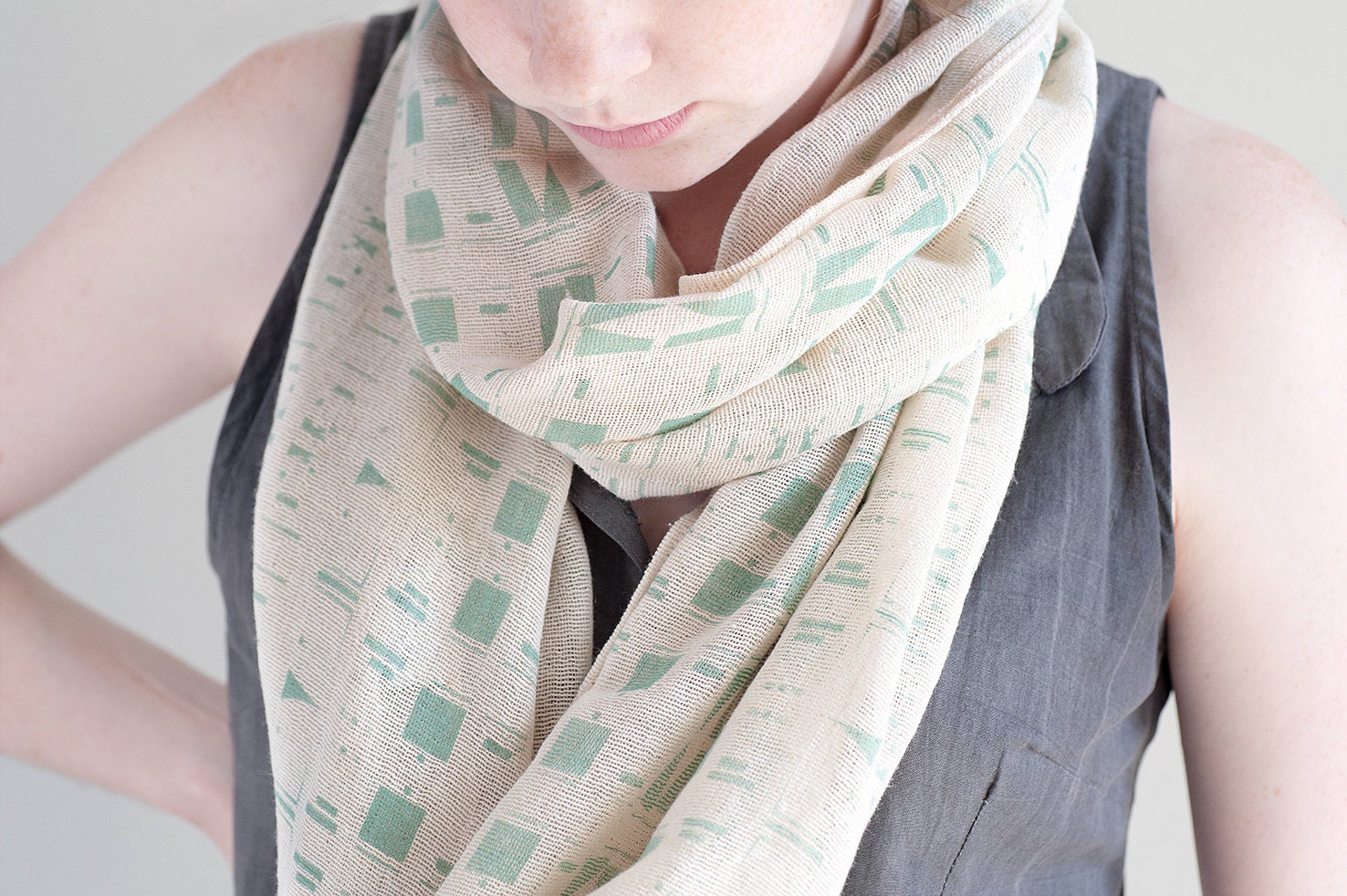 GRAYED JADE Eclectic Pastel Green Mint Cotton Gauze Scarf, Hand Screen Printed Light Spring accessories
