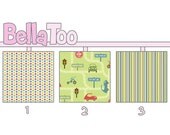 Crib Sheet - Toddler Bed Sheet - Cars Scooters Bicycles Streets Road Signs Stripes Green Red Blue - Riley Blake - Custom Made By BellaToo