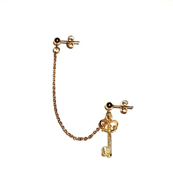 Items similar to Cartilage Chain Earring with Key Charm Ear Cuff