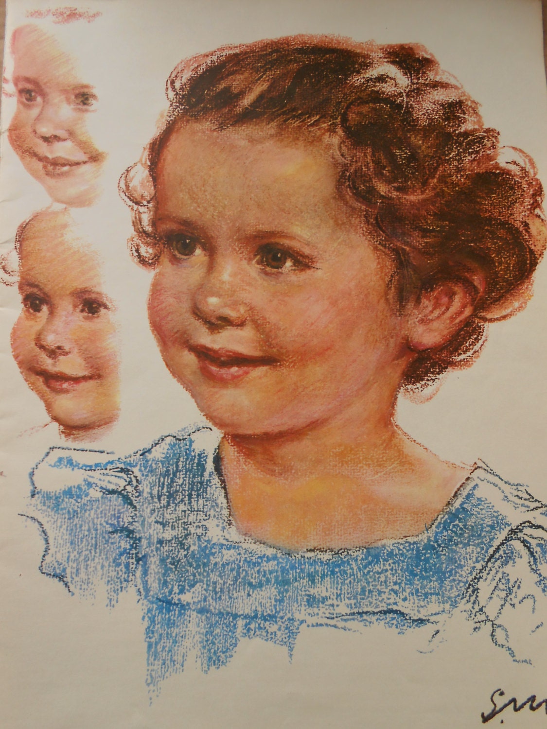Vintage Original Large Book Print Pastel Portrait of Little Girl Beautiful Illustration Home Decor Wall Hanging Art