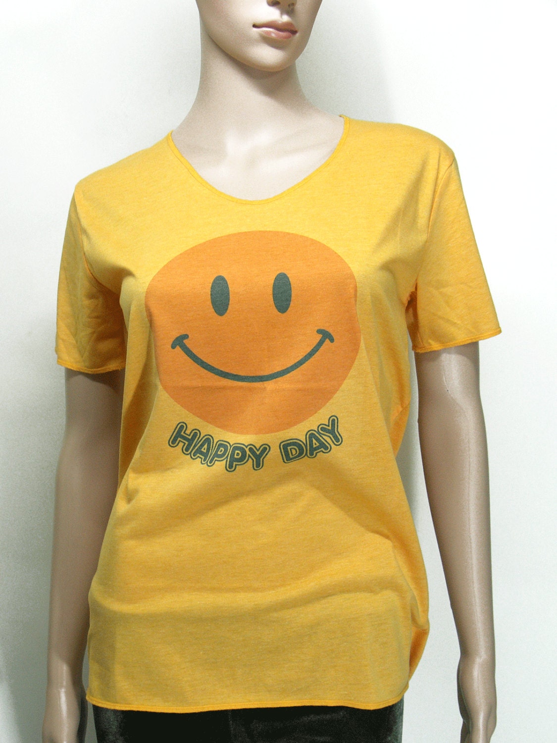 Happy Day,  t-shirt, V neck, short sleeve tshirt, cotton,women top, unisex t-shirt,Orange-yellow color,  S , M, L Size