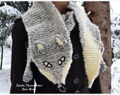 Hand Knit Snow Fox Scarf  White & Grey , renard echarpe