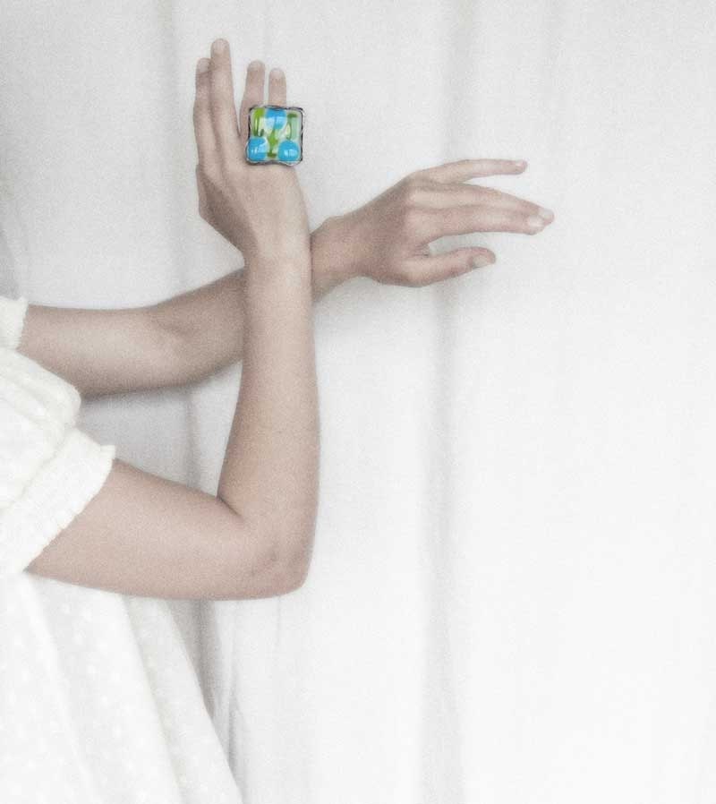 blue green, statement ring, cocktail ring,  Art Jewelry,  by MARIAELA, retro ring, adjustable ring