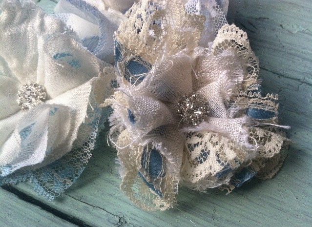 Set of 3, Baby Blue & White Lace Fabric Flowers, Linen and Lace Fabric Flowers, Boy Baby Shower Decorations, Something Blue, Bridal Flowers