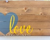 Love hand painted wood sign with wrap-around heart. Wedding guest book alternative