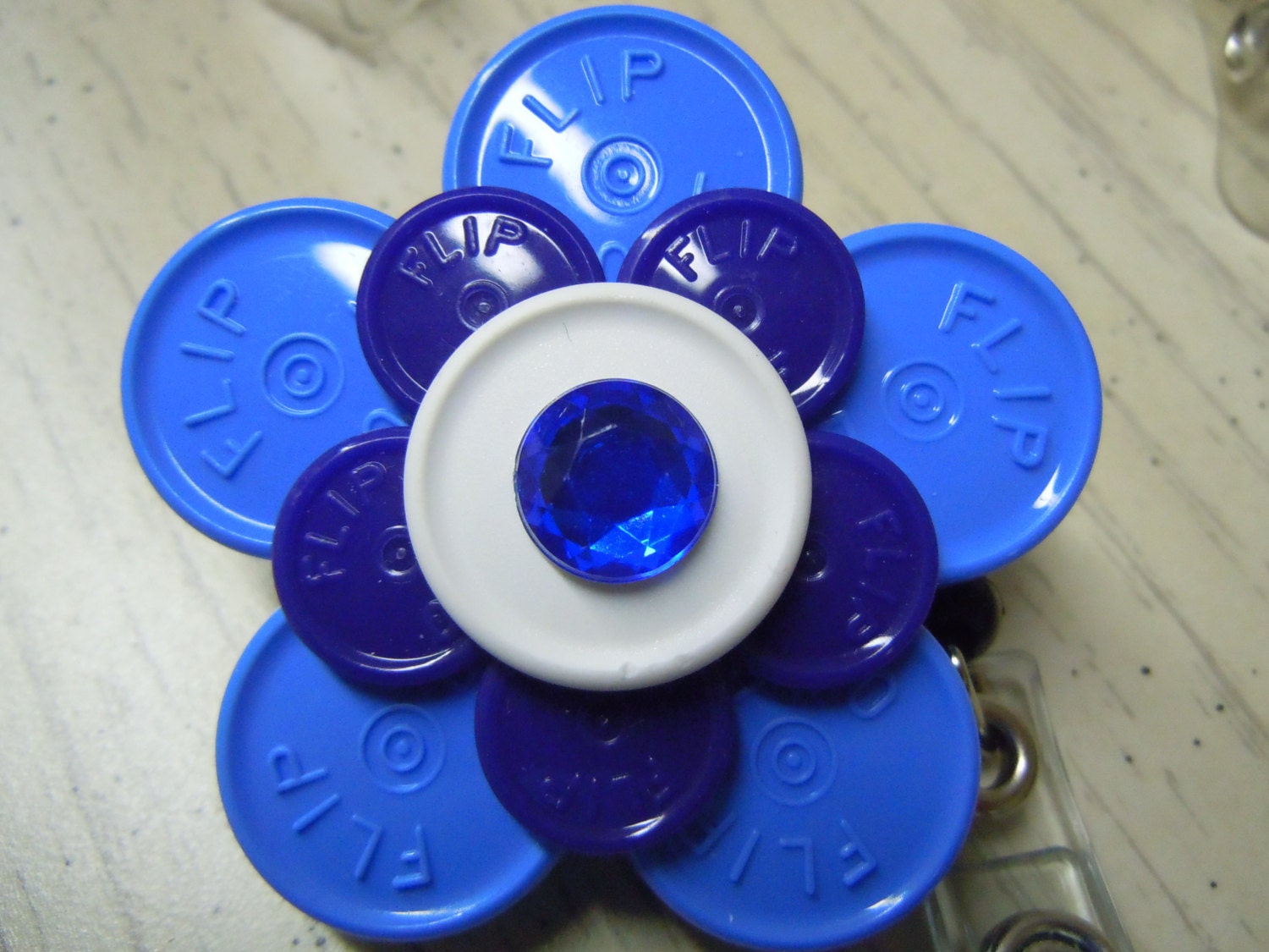 Medicine flip off vial caps /Flower design ID badge by KrisMark55